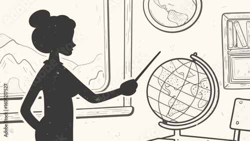Silhouette of a teacher pointing at a globe in a classroom with a window and books on the wall