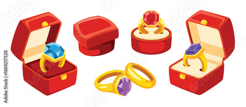 Collection of luxury engagement rings in red velvet jewelry boxes