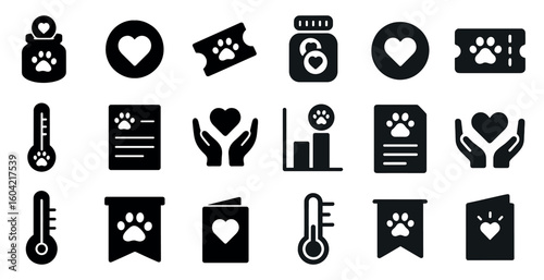 Pet care and wellness solid icons set – filled, animal health, veterinary symbols