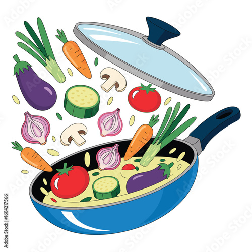 Fresh vegetables being cooked in a frying pan with lid open