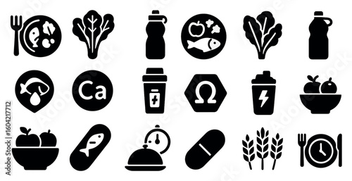 Nutrition and wellness solid icons set – filled, food, health symbols