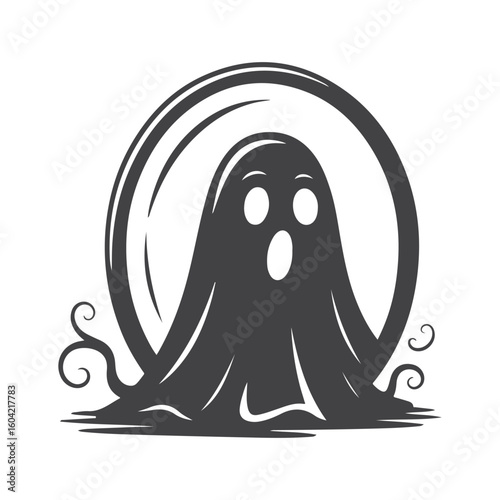 Spooky ghost emerging from a circular frame halloween scary