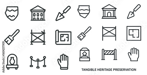 Heritage preservation icons set – outline, linear, cultural and historic symbols