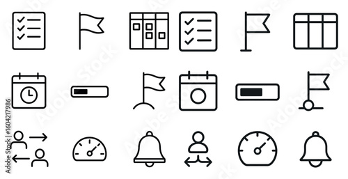 Task management outline icons set – productivity, workflow, planner symbols