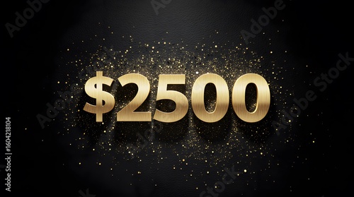 Golden $2500 number on a black background with glittering sparkles. Luxurious, bold and elegant composition for finance, investment, prize or business-related content.