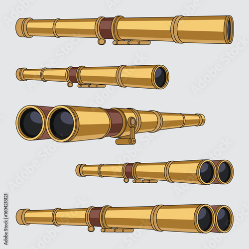 Collection of antique brass telescopes and spyglasses with leather accents