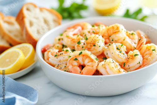 A white bowl of shrimp with lemon slices on the side