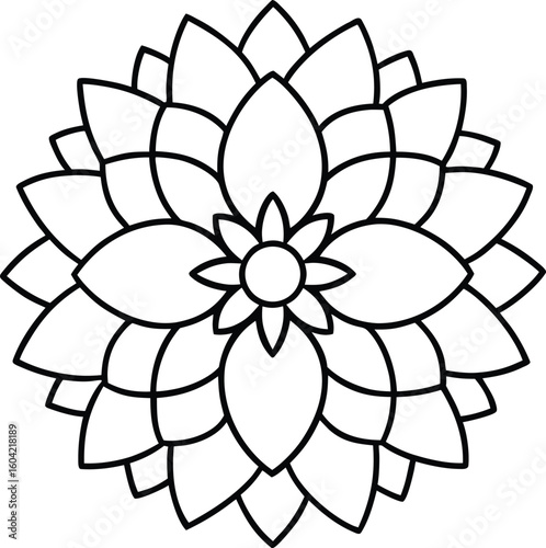 Thin outline round dahlia flower line art isolated on transparent background