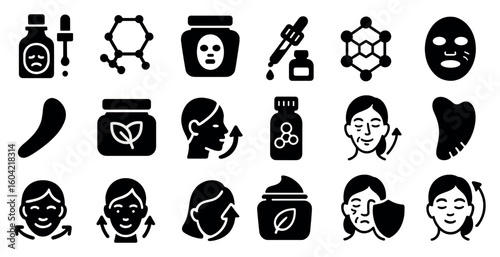Skincare solid icons set – beauty, wellness, spa treatment symbols