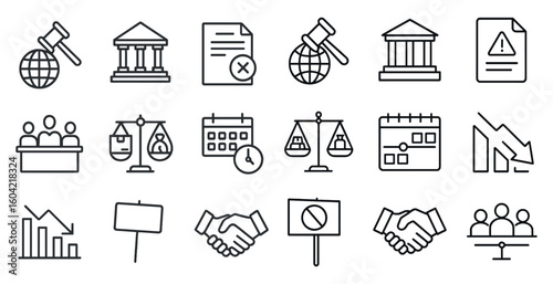 Law and justice line icons set – legal, outline, court and attorney symbols