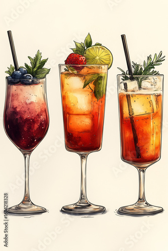 Three glasses of different colored drinks with straws in them