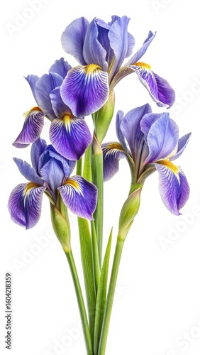 Beautiful bouquet of purple Iris flowers on a clean white background
