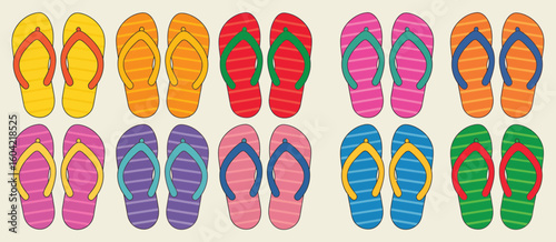 Collection of colorful flip flops arranged in rows