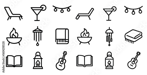 Outdoor decor and relaxation icons set – outline, camping, garden and leisure symbols