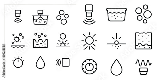 Water temperature line icons set – flat, outline, pool and aquatic measurement symbols