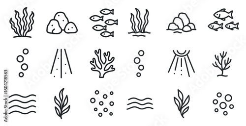 Marine life outline icons set – ocean, aquatic, sea-themed symbols