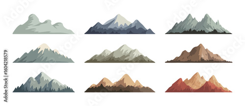 Collection of stylized watercolor mountain ranges in various colors and styles