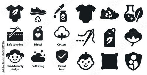 Eco-friendly solid icons set – recycling, ethical fashion and organic clothing symbols