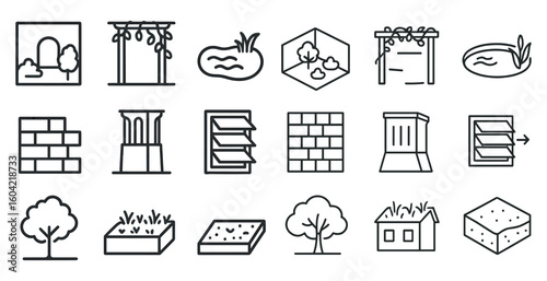 Landscape and garden outline icons set – minimalist, linear, nature symbols