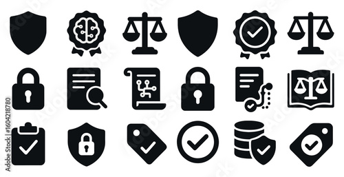 Security and privacy solid icons set – silhouette, filled, shield and lock symbols