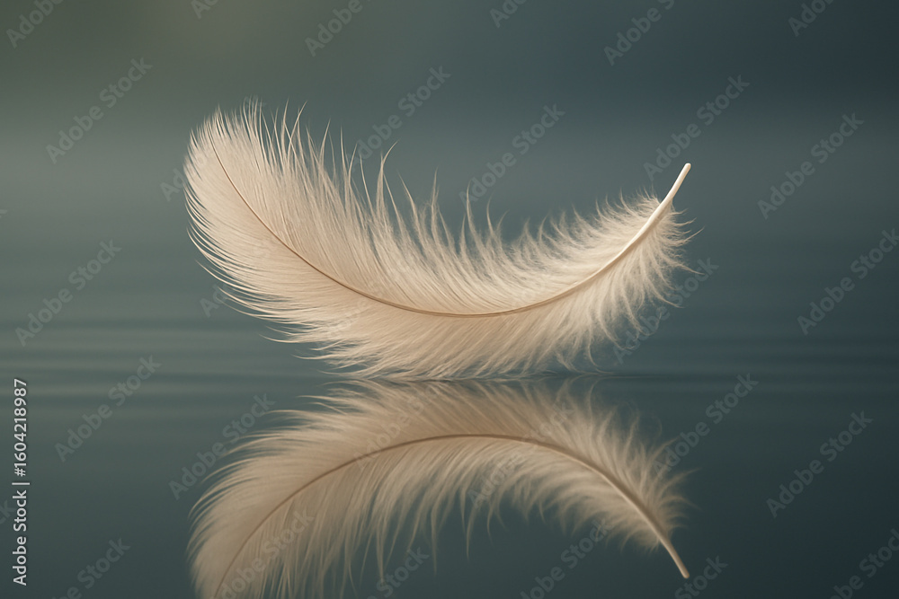 Obraz premium Elegant feather captured with its perfect reflection, symbolizing lightness, peace, and natural beauty.