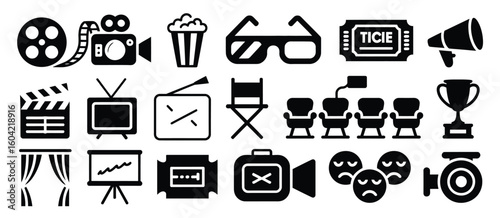 Collection of cinema and movie icons in black and white