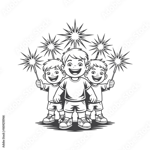 Three happy boys holding sparklers children celebration