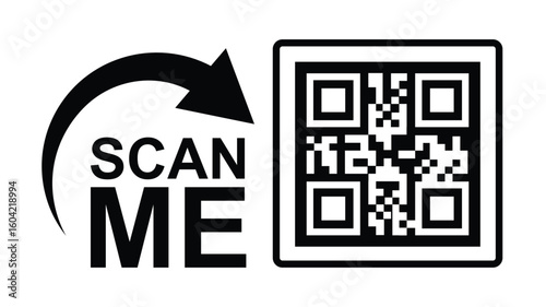 Minimalist black and white graphic design with bold 'SCAN ME' text, curved arrow, and hollow rectangles creating a QR code scan effect. Clean lines, symmetrical composition. Ideal for apps, websites,