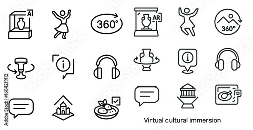 Virtual cultural immersion icons set – linear, outline, interactive and ar symbols