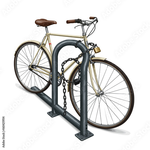 Securely Parked: Cream Vintage Bicycle Locked to Modern Bike Rack.