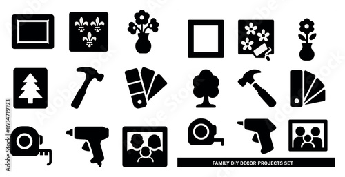 Home decor solid icons set – diy, silhouette, crafting and interior design elements