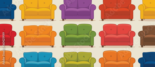 Colorful armchairs arranged in rows pattern