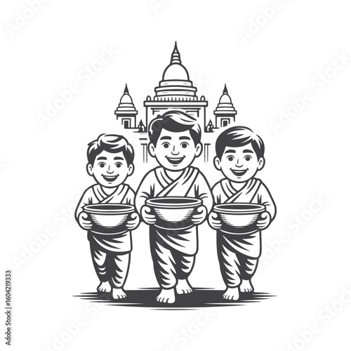 Three smiling boys in robes holding bowls before a temple vector