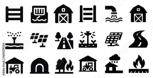 Agriculture and farm solid icons set – filled, barnyard, rural life symbols