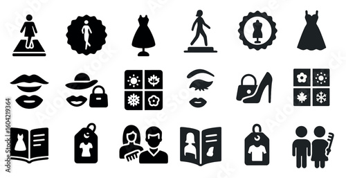 Fashion and style solid icons set – silhouette, outfit, clothing design visuals