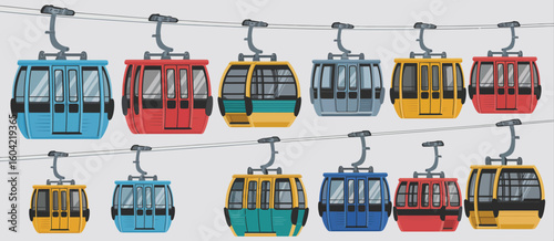 Colorful ski lift cabins hanging on cables in a row