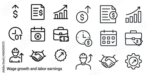 Wage growth and labor outline icons set – earnings, job, financial symbols