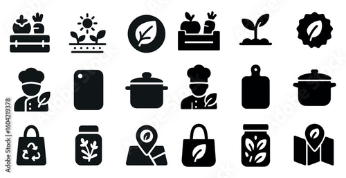 Organic gardening solid icons set – filled, eco-friendly, sustainable farming designs