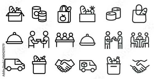Food donation linear icons set – outline, charity, giving and volunteer symbols
