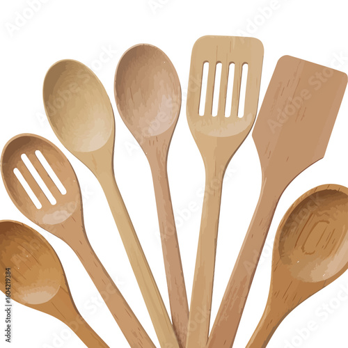 Collection of wooden kitchen utensils on a white background