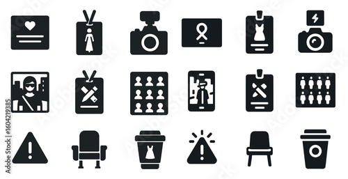 Event management solid icons set – filled, comprehensive, organizer tools