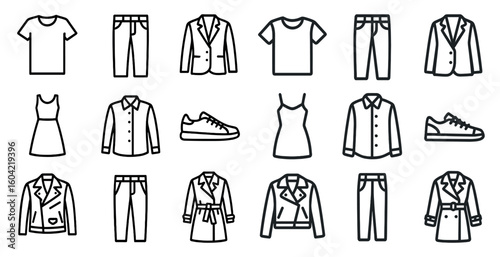 Clothing and fashion outline icons set – apparel, wardrobe, style symbols