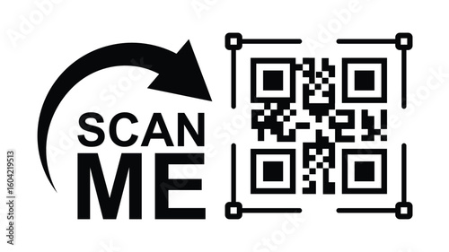 Minimalist black and white graphic design with bold 'SCAN ME' text, curved arrow, and hollow rectangles creating a QR code scan effect. Clean lines, symmetrical composition. Ideal for apps, websites,