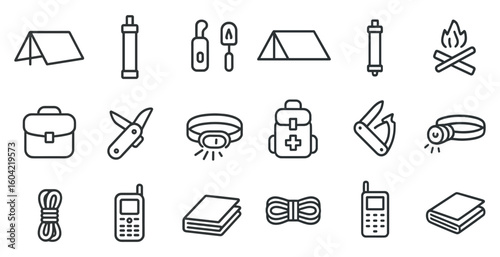 Camping and adventure line icons set – flat, outline, outdoor and hiking symbols