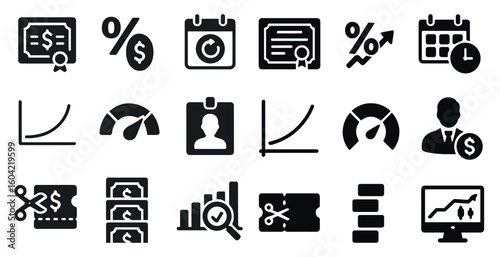 Business and finance solid icons set – filled, silhouette, money and chart symbols