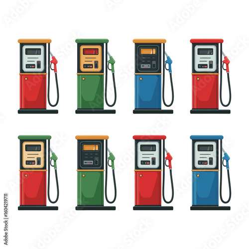 Collection of vintage gas pumps in different colors