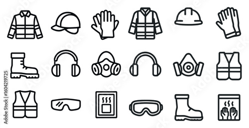 Construction and safety outline icons set – flat, solid, protective gear symbols