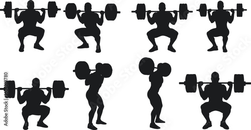 Weightlifting silhouette vector set of athletes performing barbell squats, gym training poses, fitness workout illustrations for health designs.