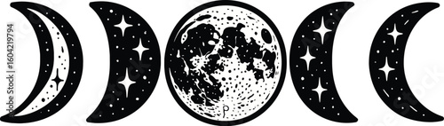 Moon Phases Icon Set - Black and White Vector Illustration of Celestial Cycle with Stars