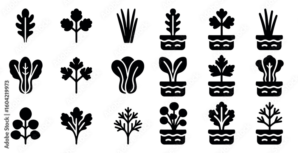 Fototapeta premium Gardening and nature solid icons set – filled, plant and greenery symbols
